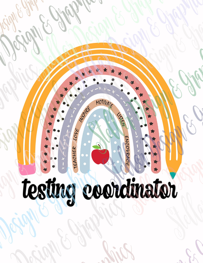 Testing Coordinator Rainbow, Pencil, Apple Polka Dot Ready To Press Sublimation Or Htv Screen Film Transfers