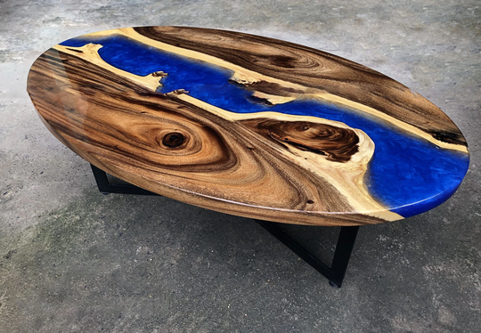 Oval Coffee Table, Blue Epoxy Resin Table, Epoxy River Dining Room Live Edge Acacia Resin Table With Stand