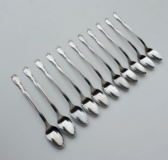 International Superior Chapel Hill Pattern Stainless Set Of 11 Iced Tea Spoons - Glossy Floral Design On Stem 7.5"