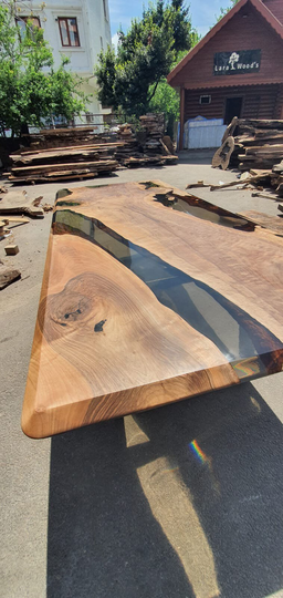 Epoxy Resin Table, Live Edge Custom 96" X 42" Walnut Smoke Gray River Order For Andrea W