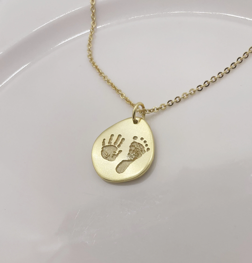 Baby's Handprint Necklace/Baby's Footprint Necklace/Actual Baby Necklace Stamp in 14K Gold Filled/Handprint Kids Name Engraved