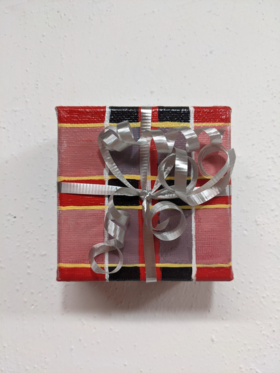 Miniature Handpainted Oil Painting Of Gift With Ribbon, Plaid Wrapping Paper, Original Fine Art Painting, Erica Harney