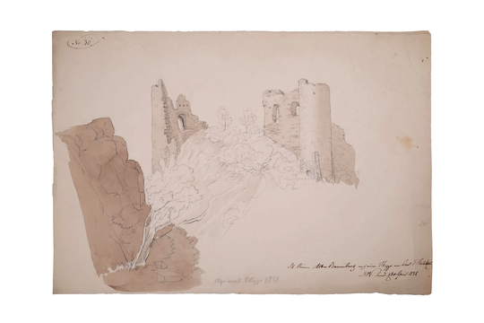 Antique 1800S Baumberg Castle Ruins Mixed Media Art Pencil, Ink Wash & Watercolor Painting On Paper Attributed To Friedrich Eisenlohr