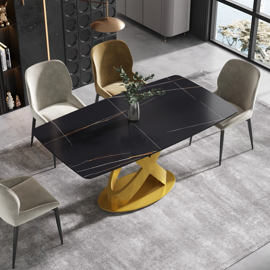 63" Rectangular Sintered Stone Modern Dining Table,Solid Gold Carbon Steel Base