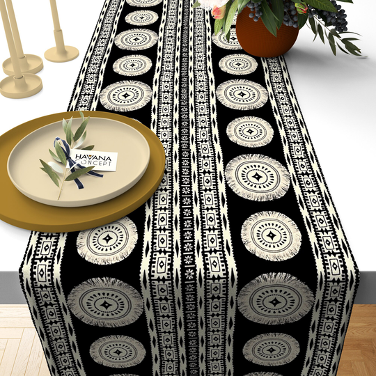 Black & Beige Bohemian Table Runner - Southwestern Boho Aztec Design Linen, Various Sizes, Tassel Mandala Print Dining