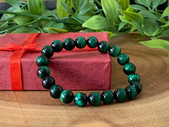 Tiger's Eye Bracelet, Stretch Natural Grade A+ Green | Color-Enhanced Beads, Protection Bracelet