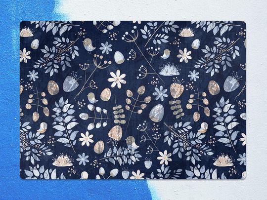 Scandinavian Chair Mat, Blue Vinyl Floor White Protective Plants Splat Office Decor, Decorative Kids Room Decor