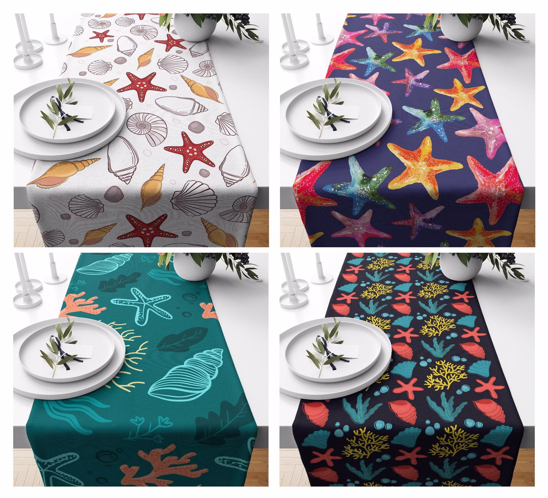 starfish Table Runner|Nautical Tablecloth|Decorative Marine Centerpiece|Coastal Tablecloth|Navy Aqua Decor|Beach House Tabletop