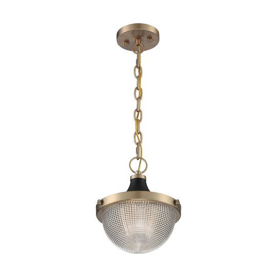 Faro 1-Light Small Pendant Fixture - Burnished Brass Finish with Black Accents Clear Prismatic Glass