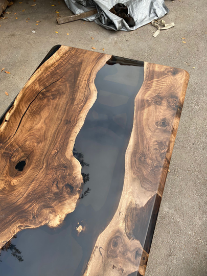 Epoxy Dining Table, Custom 72" X 40" Walnut Black River Order For Lee 2