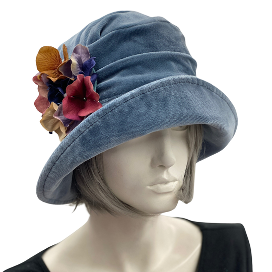 1920S Cloche Hat, Velvet in Dusky Blue With Hydrangea Brooch, Elegant Formal, Winter Hats Women, Handmade Usa