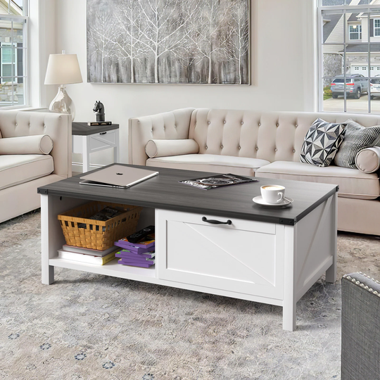 Farmhouse Coffee Table Wooden Cocktail Table with Cabinets
