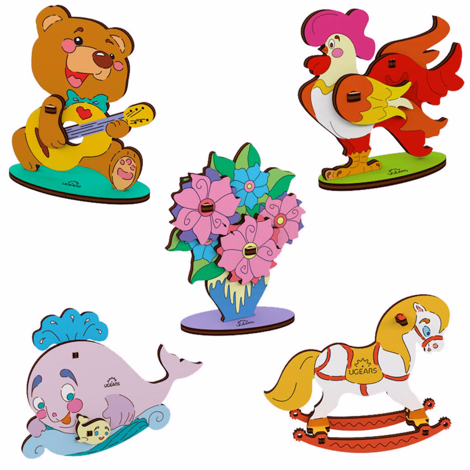 Set Of 5 Coloring Wooden Puzzles, Toy Craft Project, Kids Diy 3D Model Kit, Plywood Horse, Whale, Bear Cub, Bouquet, Cockerel