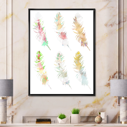 Designart 'Vibrant Boho Feather In Rustic Bright Colors' Bohemian & Eclectic Framed Canvas Wall Art Print