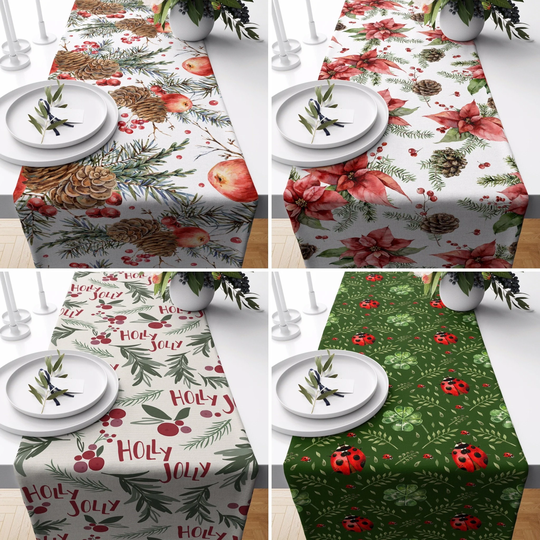 Floral Table Runners, Ladybug & Pine Tree Kitchen Runner, Spring Tablecloth, Housewarming Gift, Dining Room Decor