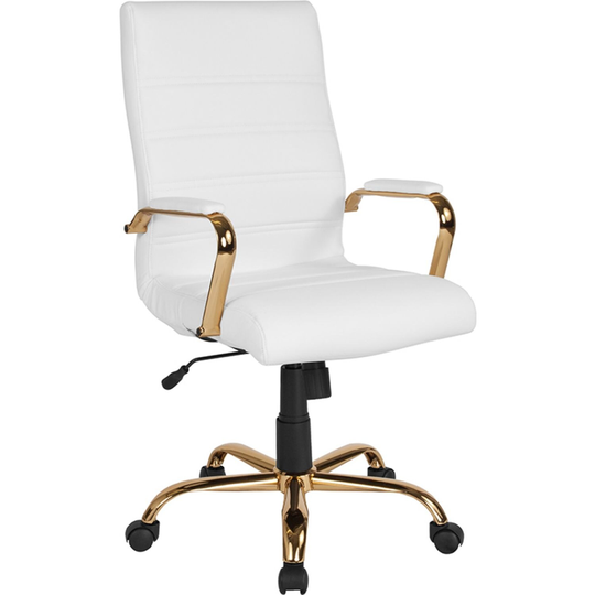 Offex High Back White Leather Executive Swivel Office Chair with Gold Frame and Arms - Not Available