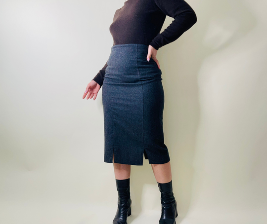 100% Wool Vintage Grey Midi Skirt, Office Pencil Skirt