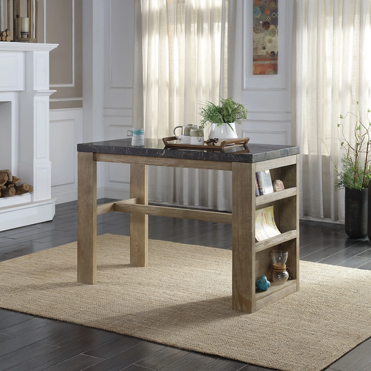 Transitional Counter with 3 Features Side Storage Compartment, Heigh Kitchen Dining Table in Marble & Oak Finish