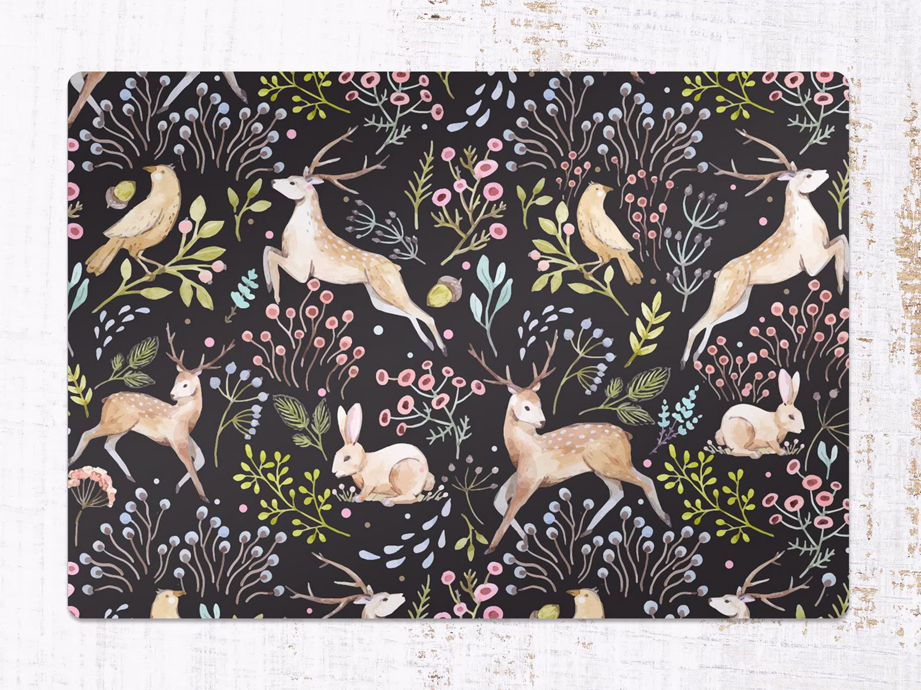 Dark Woodland Animals Chair Mat, Black Protective Brown Splat Deer Vinyl Floor Office Decor, Area Rug, Gift Idea, Splash Mat