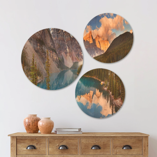 Designart 'Moraine Lake in Banff Park Canada' Landscape Wood Wall Art Set of 3 Circles - Multi-Color