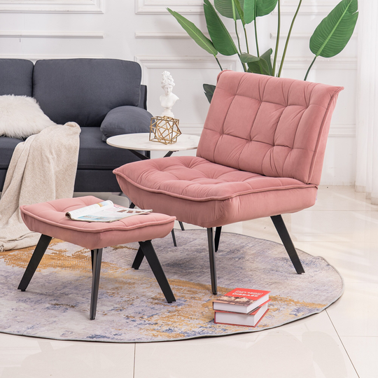 Modern Soft Velvet Accent Chair with Ottoman and Black Legs