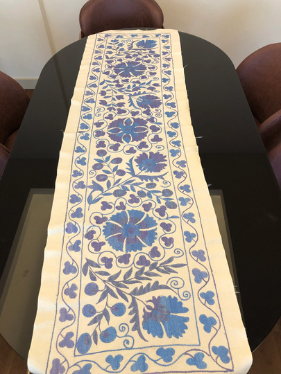 Embroidered Suzani Table Runner Bohemian Decor Blue White 72"x18" | 185x45cm Eclectic Silk Lumbar Home Decoration