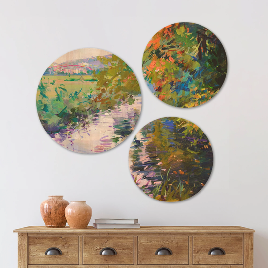 Designart 'Fall in Amazing Colors' Landscape Wood Wall Art Set of 3 Circles - Multi-Color