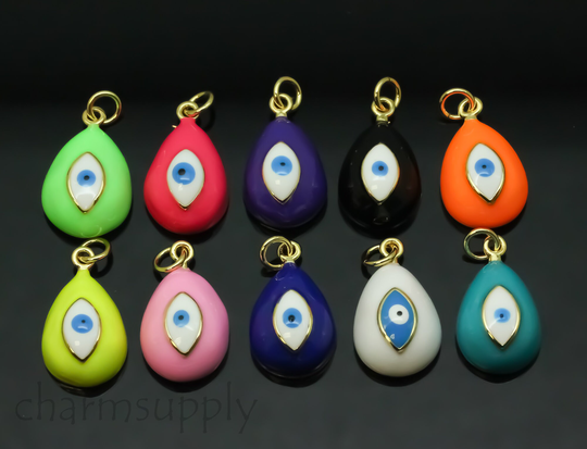 Gold Enamel Color Evil Eye Teardrop Pendant, 20x14mm, Color Block, 10 Colors Options, 1 Pc Or Pcs, Wholesale