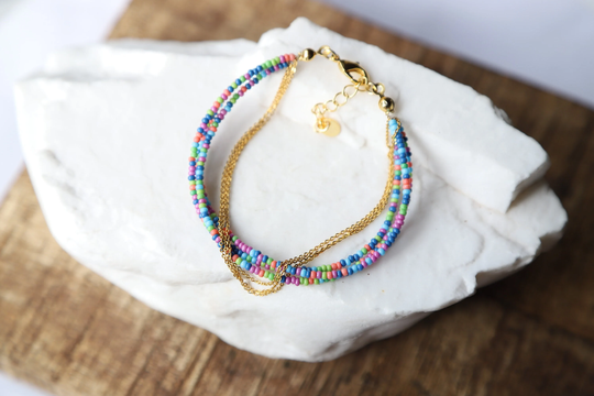 Multi Colored Seed Bead Bracelet With Gold Chain, Strand/Please Ask For Wholesale Prices Sbb-05
