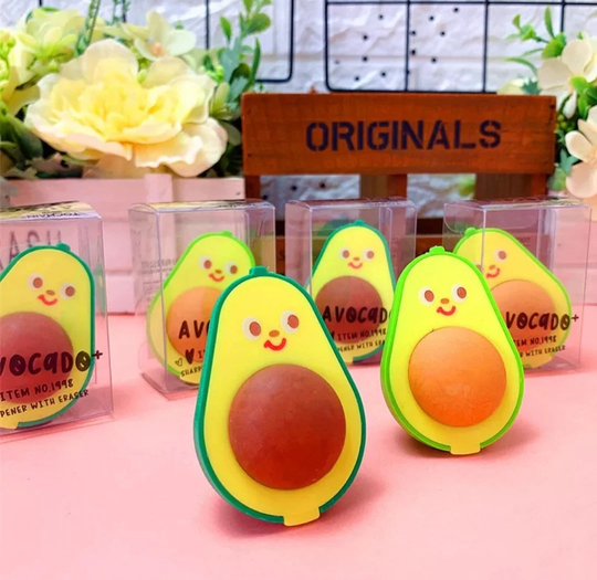 1Pc 2 in 1 Avocado Shape Pencil Sharpener, Eraser, Rubber, Cute Fruit Student Gift, Stationary Cutter