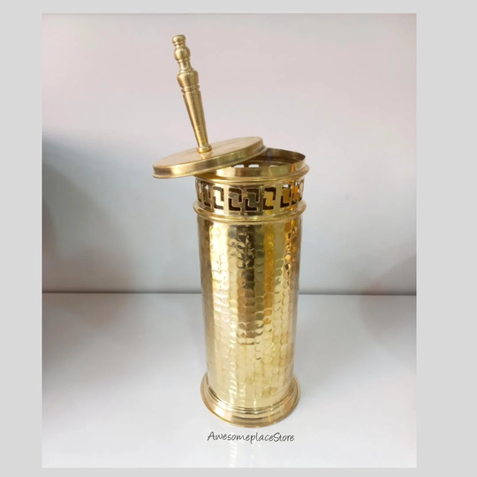 Handmade Antique Unlacquered Brass Toilet Brush, Handcrafted Bowl Brush & Holder For Storage Organization