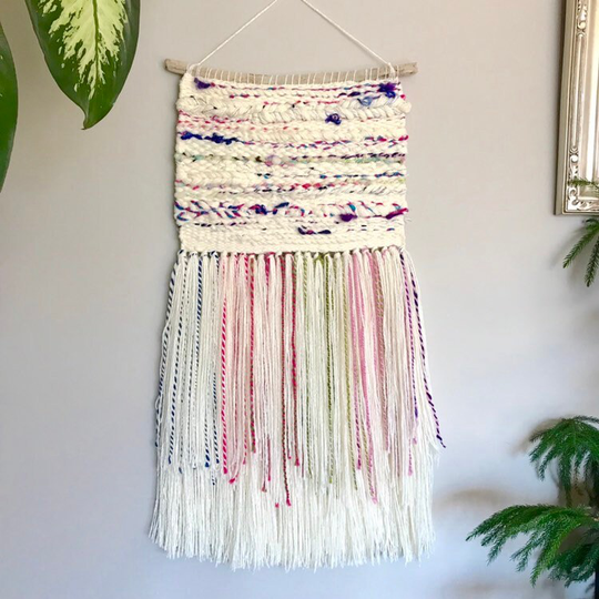 Candy Colored Woven Wall Hanging, Colorful Hand Spun Wool & White Decorative Tapestry, Textile Decor, "Salt Water Taffy"