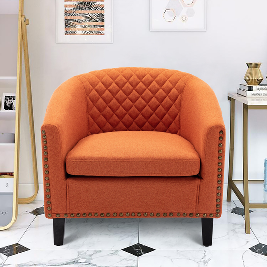 Modern Accent Barrel Chair with Nailheads, Wood Legs and Chrome Nailhead Trim, Living Room Chair with Curved Edges, Orange