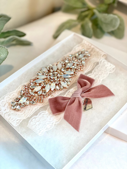Velvet Wedding Garter For Bride, No Slip Lace Set, Vintage Rhinestones & Opals, Boho Bridal Set - 3101-Velvet