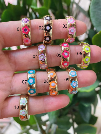 5-10Pcs, 2021 Summer Gold Color Round Metal Rings Korean Cute Lovely Enamel Colorful Flower Shape For Women Jewelr
