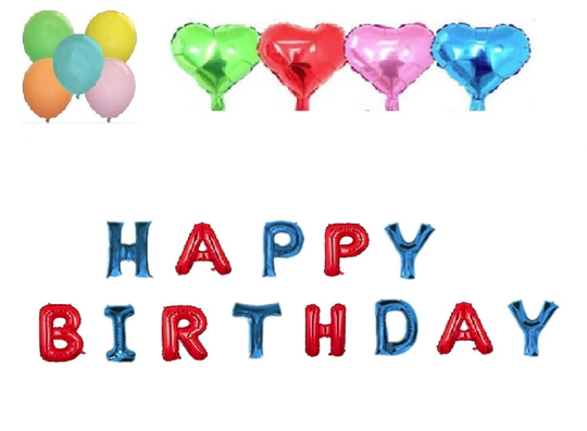 Red & Blue Mix Color Happy Birthday Balloon - Free 5 Latex Balloons & 4 Heart Foil Balloons, Party, Decoration