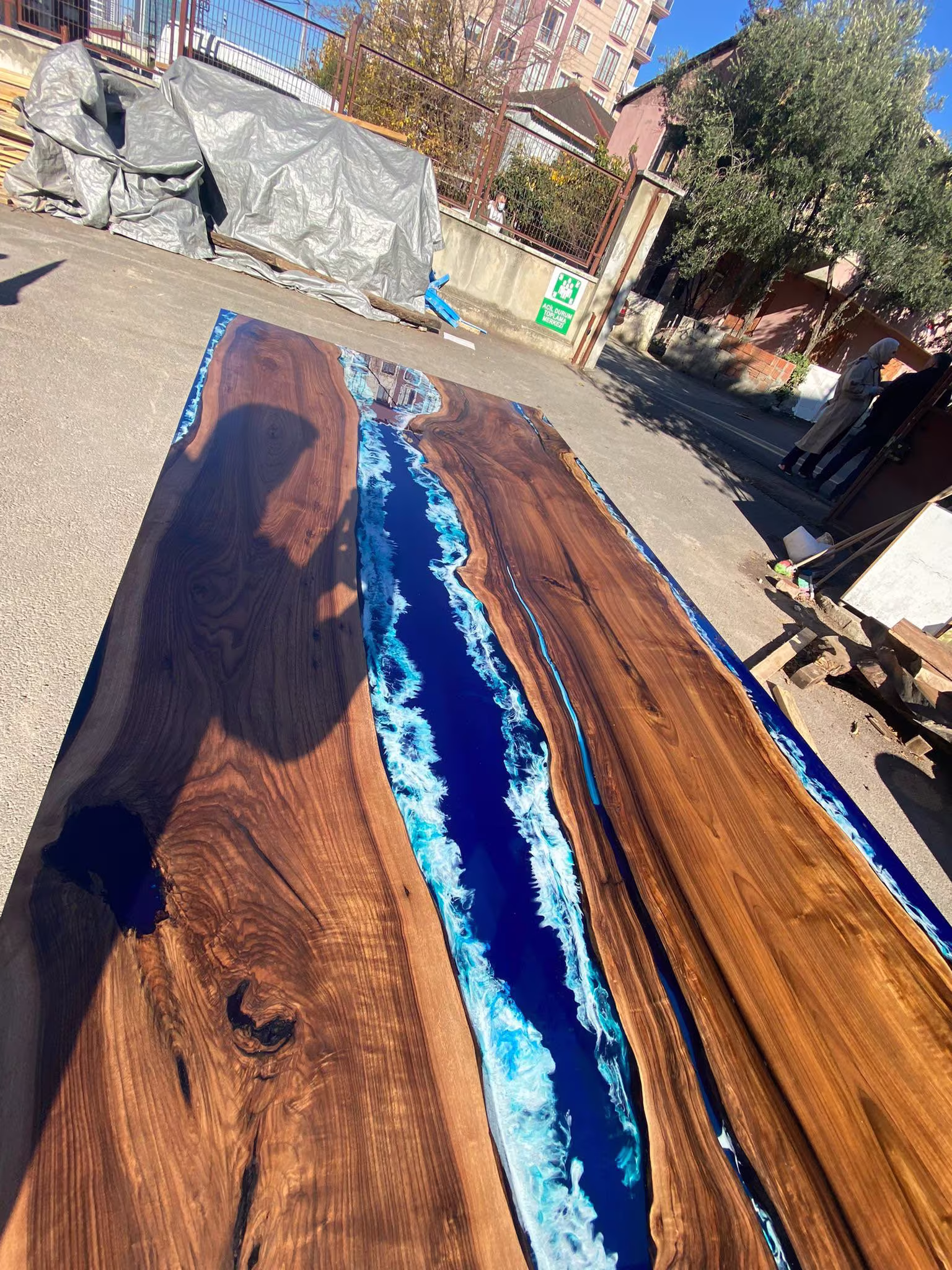 Walnut Dining Table, Live Edge Custom 115" X 50" Ocean Blue, Turquoise White Waves Epoxy, River Table Order For Kishan Tampa