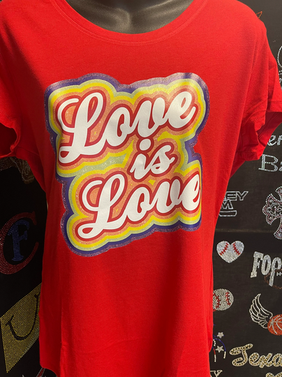 Love Is Rainbow Full Color Vinyl Transfer Or Printed T-Shirt On Red Short Sleeve Tshirt
