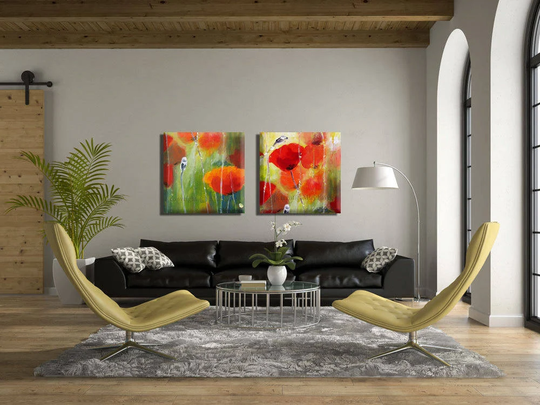 Colorful Wall Art Painting, Large Canvas Set Of 2, Green & Red Poppy Living Room Decor, Original Flower Paintings