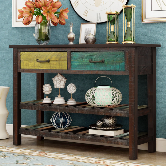 CTEX Retro Wooden Console Table with 2 Storage Drawers with Metal Handle and 2 Large Open Slatted Shelves
