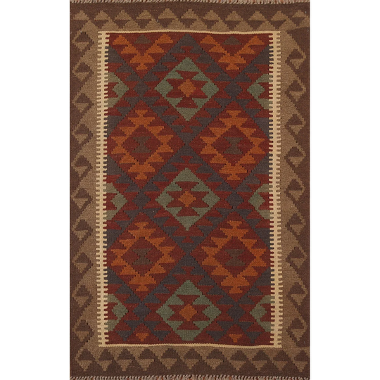 Multi-Color Geometric Kilim Oriental Area Rug Flat-weave Wool Carpet - 3'5" x 4'10"