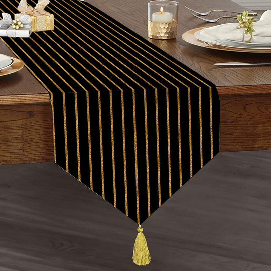 Black Pattern With Gold Stripes Table Runner|Tasseled Chenille Runner|Triangle Runner|Decorative Tablecloth|Printed Runner|Gift