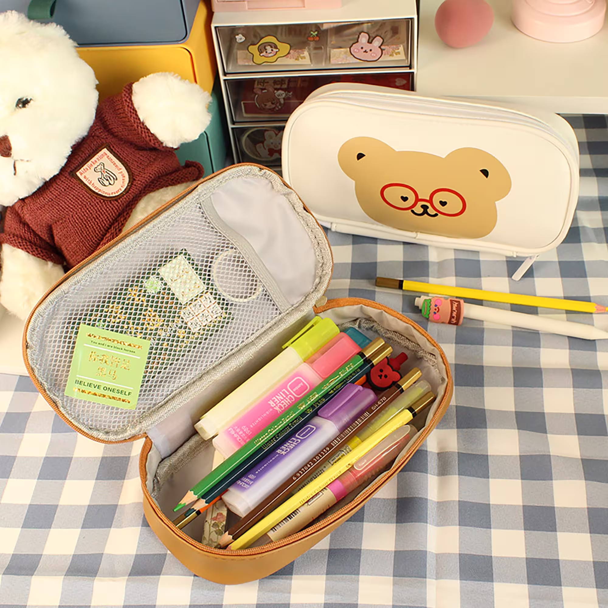 Kawaii Bear Pu Pencil Case, Kawaii Case, Large-Capacity Student Case Stationery Bag, Multi-Layer Case, School Supplies