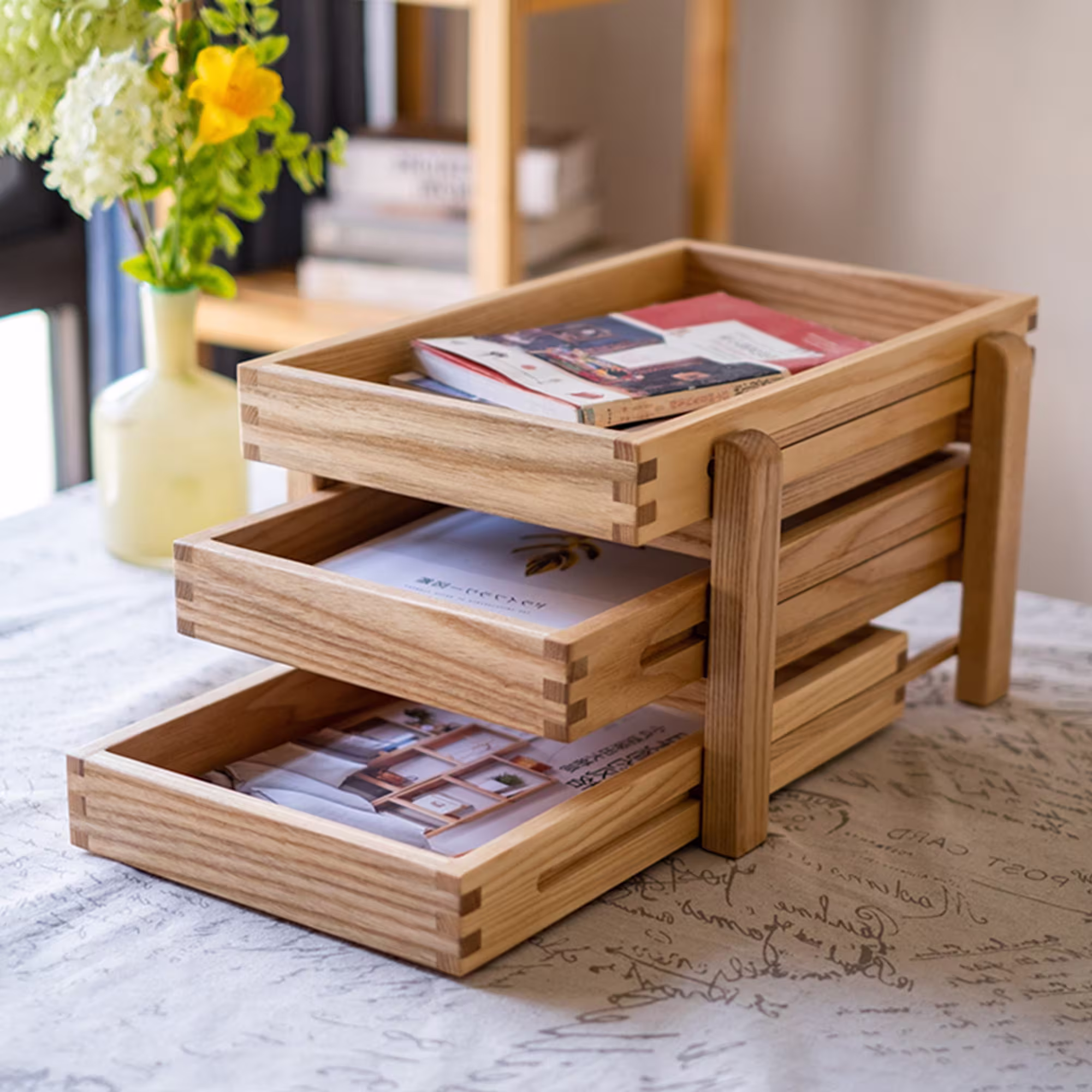 Wood Magazine Rack For Desk, Handmade Newspaper Holder, Ash Holder Stand, Rustic File Storage Tray, Office Desk Organizer