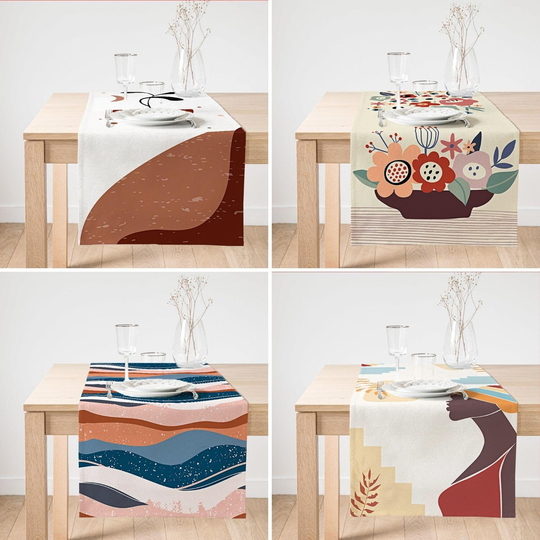 White & Syrup Color Abstract Table Runner, Intangible Drawings Deco, Notional Design Tableware, Modern Art Sheet, Home Gift