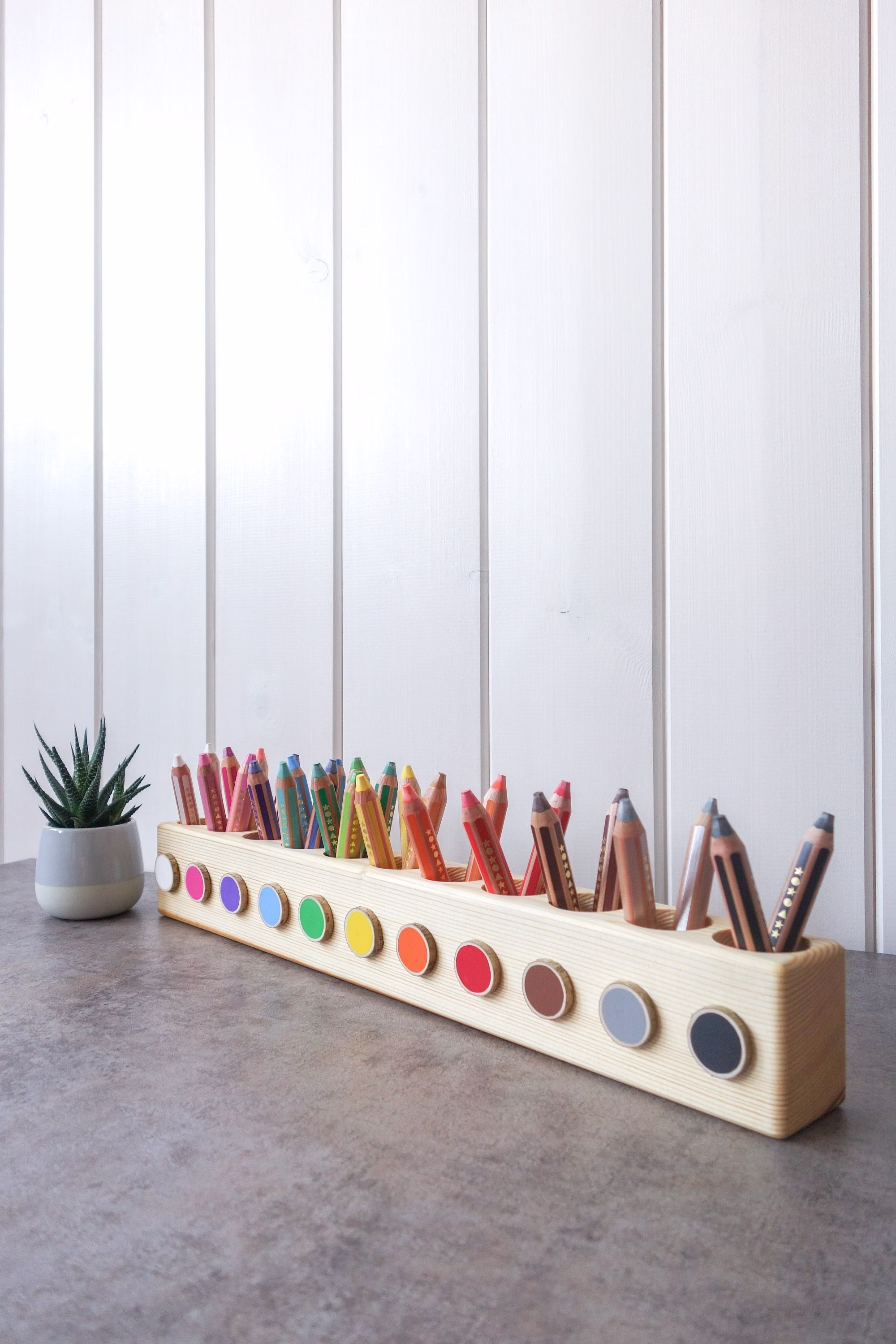 Large Montessori Wood Pencil Holder, Crayon Color Sorting, Adult Coloring Desc Organizer, Artist Organizer