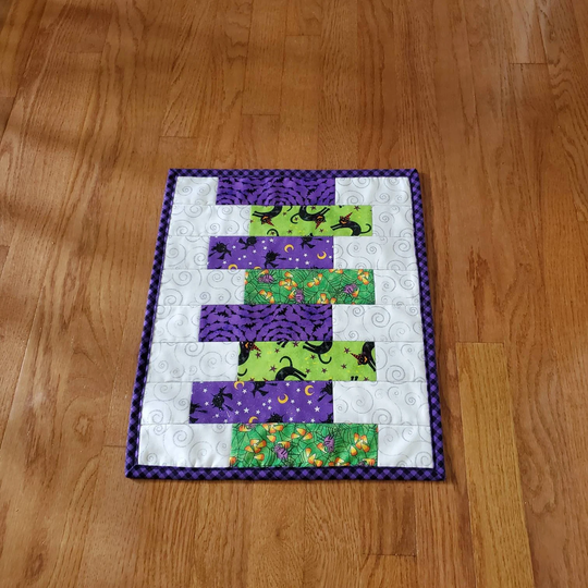 Quilted Halloween Table Runner, October Topper, Handmade Fall Decor, Coffee Centerpiece, Spiders, Witch, Candy Corn, 16.5"x14"