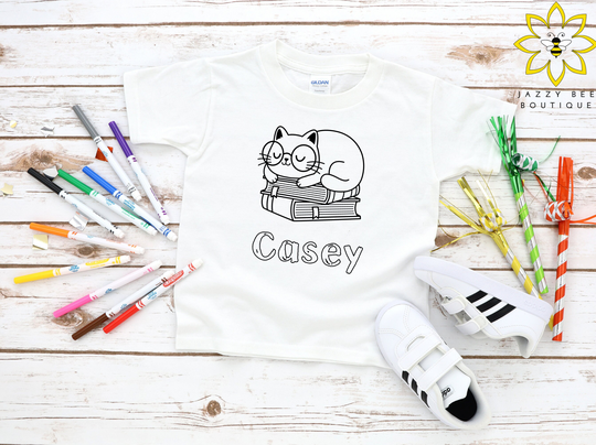 Custom Kitten Coloring Shirt For Kids, Color Your Own Shirt, Personalized Book Cat & Books Tee