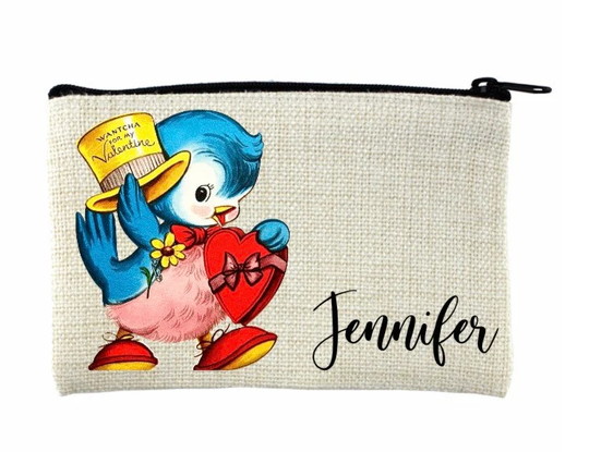 Vintage Valentine Change Purse, Pencil Case, Make Up Bag, Zippered Pouch, Personalized Gifts, Customized, Retro Style, Anthropomorphic