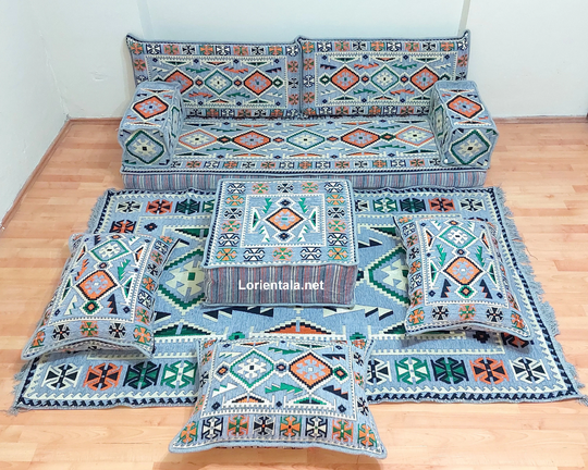 Gray Orange Floor Sofa Oriental Sofa Ottoman Pouffe Pouf Couch Arabic Majlis Rug Middle East Home Decor Moroccan Bohemian Furniture